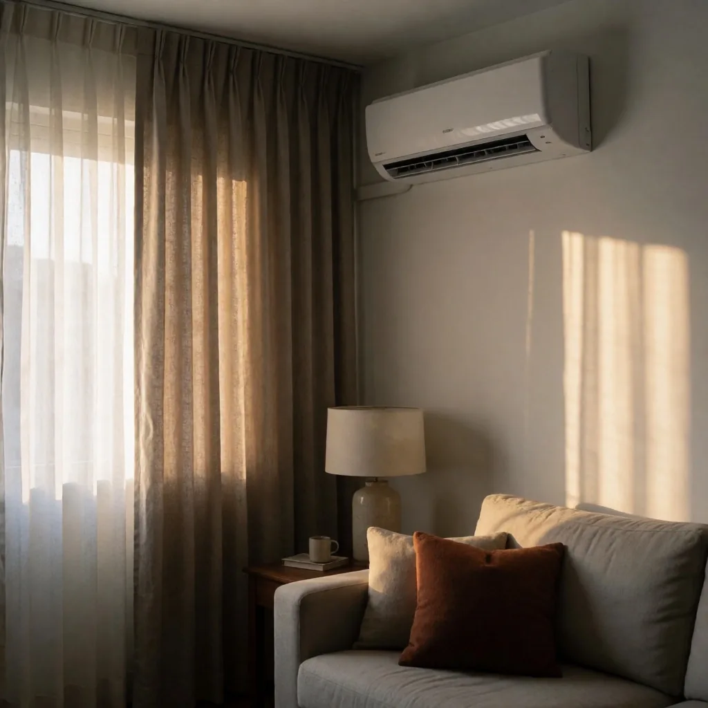 Living con aire acondicionado y cortinas térmicas