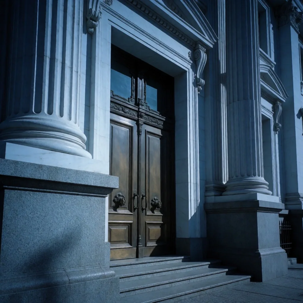 Fachada de banco tradicional con columnas de granito al anochecer