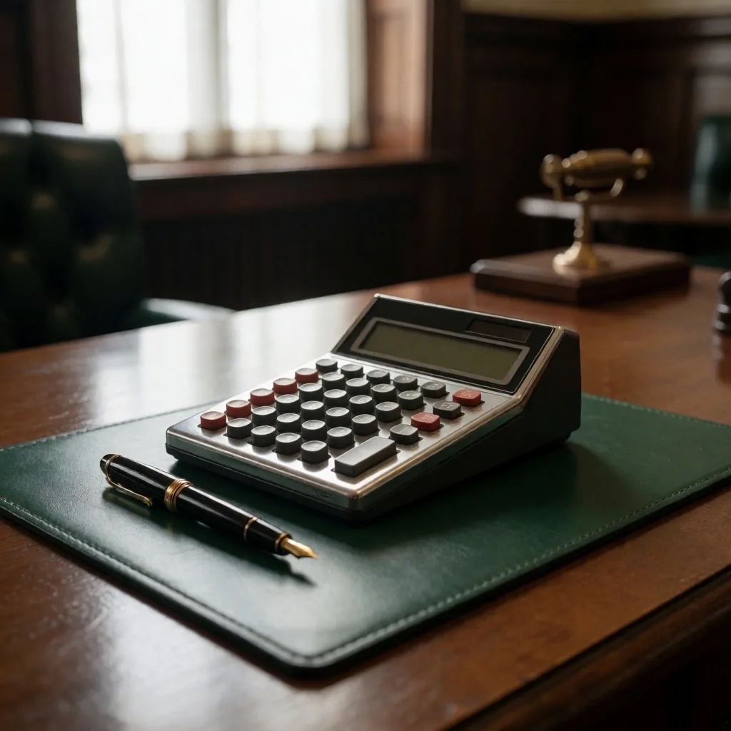 Escritorio de oficina bancaria con calculadora y pluma