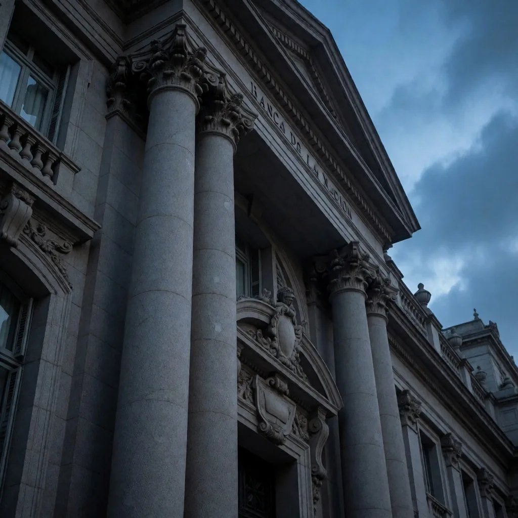 Fachada de banco tradicional en Buenos Aires al anochecer