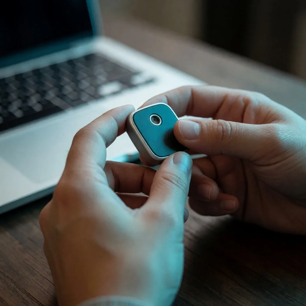 Manos usando un token de seguridad bancaria