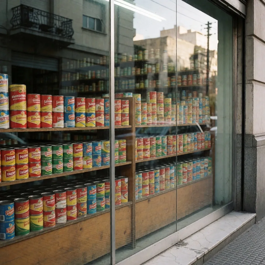 Estantes de productos con precios en un comercio argentino