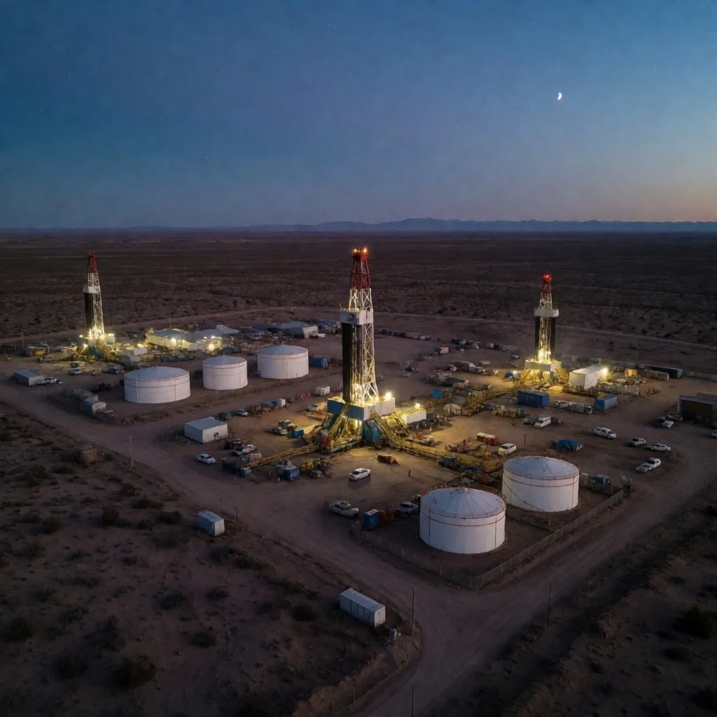 Sitio de extracción en Vaca Muerta al atardecer