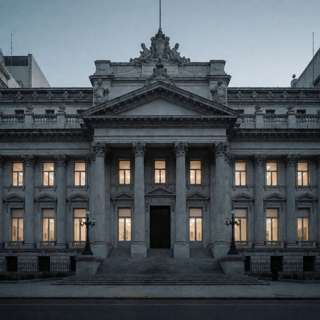 Fachada de edificio bancario histórico en Buenos Aires al atardecer
