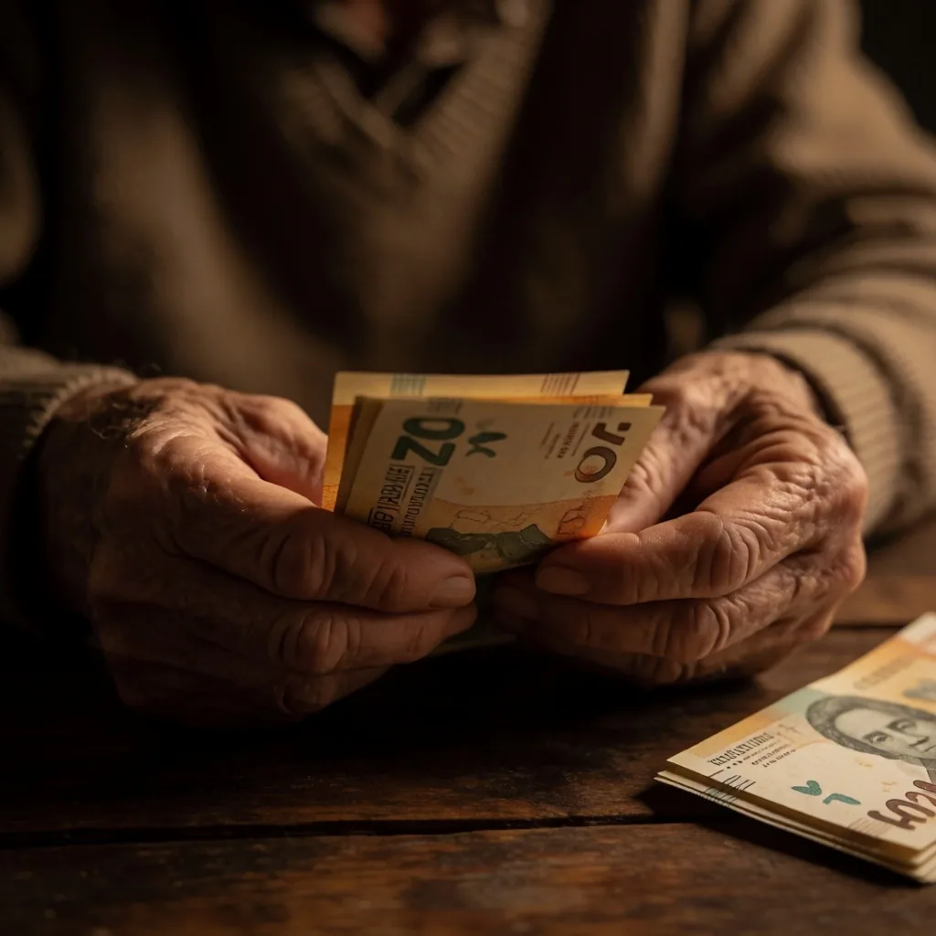 Manos contando billetes sobre una mesa de madera desgastada