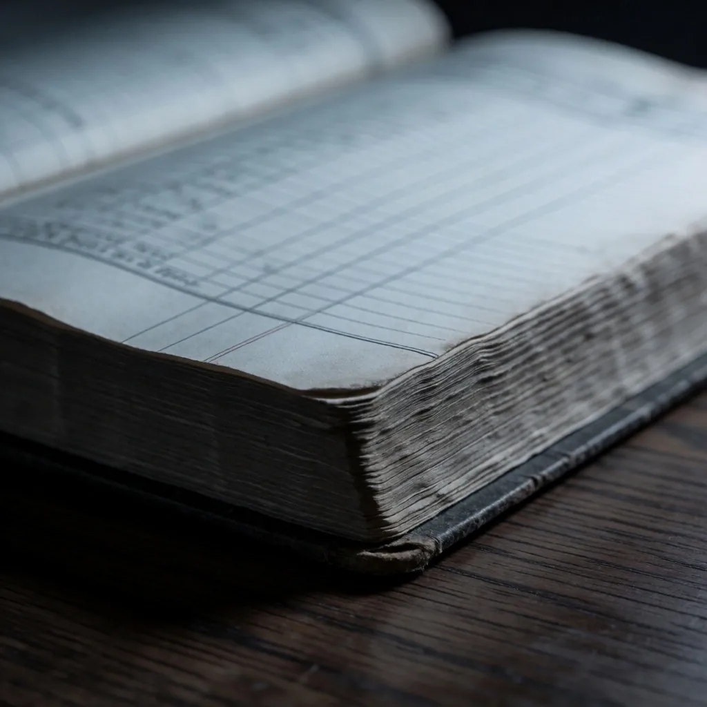 Libro contable de la década de 1970 sobre escritorio de roble