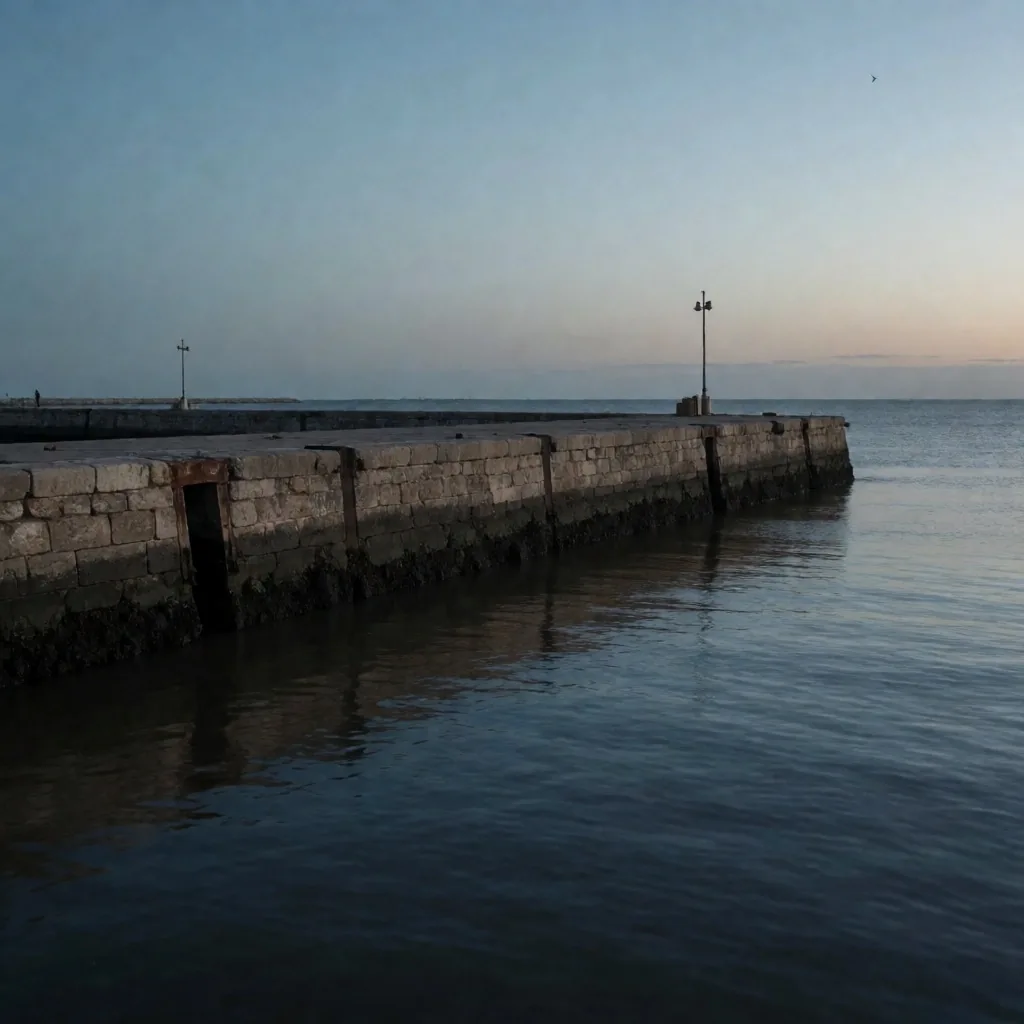 Muelle portuario sobre el Río de la Plata al atardecer